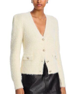 NWT Aqua Eyelash V-neck Fuzzy Furry Ivory Button Front Cardigan Sweater XS